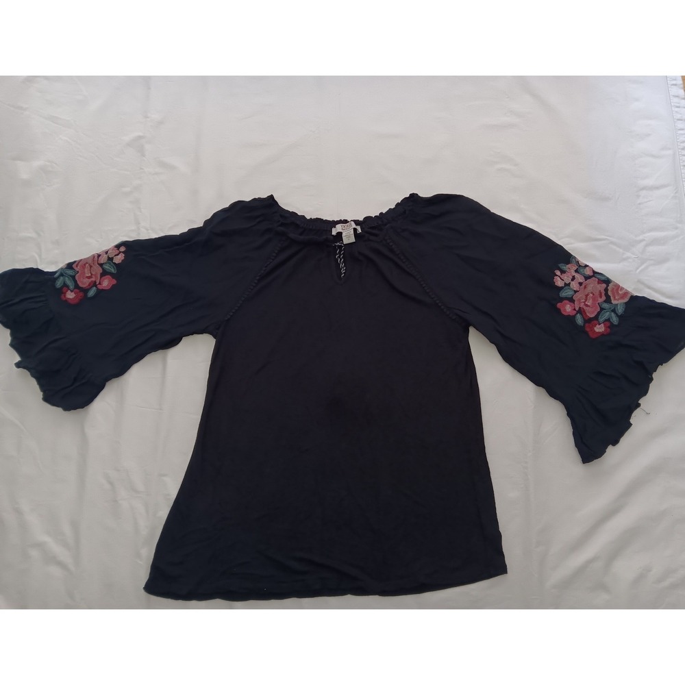 Vintage America Blues Womens Small Black Boho Floral Embroidered Bell Sleeve Top